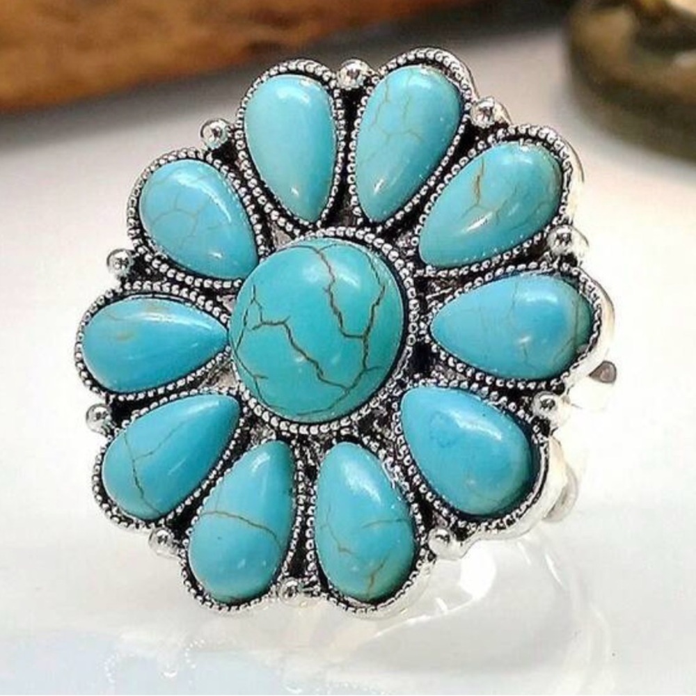 Turquoise Floral Statement Ring - Blue
